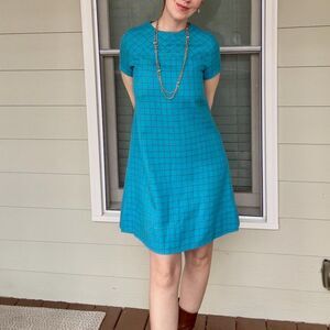 Vintage 60s Turquoise Handmade Mod Go-Go Dress Windowpane plaid Shift Small